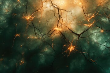 Aufkleber - A dark, surreal landscape with glowing veins or branches, evoking a sense of mystery and ethereal energy.