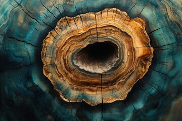 Aufkleber - A mesmerizing cross-section of a tree trunk, showcasing vibrant blue hues and intricate growth rings around a hollow center.