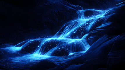 Wall Mural - This image features glowing blue light trails cascading over dark rocks at night, creating the appearance of a celestial river or an ethereal fabric. Celestial Glow. Illustration