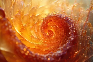 Aufkleber - Macro shot of an orange-colored spiral with delicate water droplets covering its surface, resembling an abstract flower.