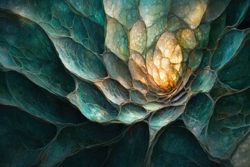 Fototapete - A stunning close-up showcases a cellular structure, with radiant gold center surrounded by organic teal and gray formations.