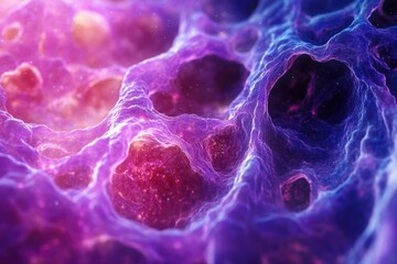 Poster - Abstract rendering of cellular structures with a vibrant blend of purple, pink, and blue hues creating a scientific aesthetic.