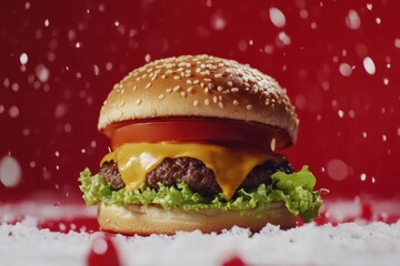 Aufkleber - Mouthwatering cheeseburger with melted cheese, fresh vegetables, and sesame bun against a vibrant red background
