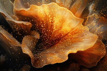 Poster - Close-up abstract of a golden flower with glittering specks, highlighting intricate petal details and warm, inviting light.