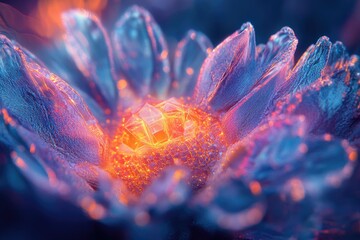 Aufkleber - A vibrant, abstract image of a flower with crystal-like petals and a glowing orange center, creating a mesmerizing visual.