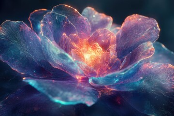 Aufkleber - A luminous flower unfolds, its petals aglow with iridescent blues, purples, and a warm, radiant orange light.