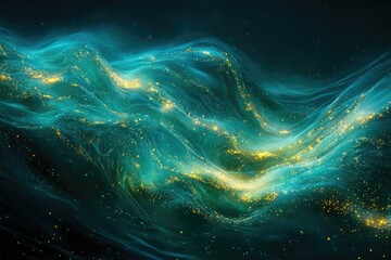 Aufkleber - A mesmerizing abstract of teal waves sprinkled with golden glimmers, evoking a sense of ethereal underwater wonder and cosmic beauty.