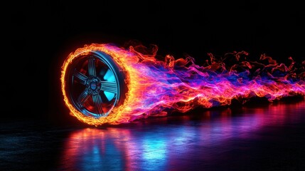 Leinwandbilder - Glowing car wheel creates vibrant trail of neon gasoline in a high-speed burst of energy