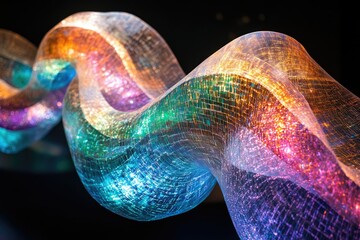 Aufkleber - A flowing, woven structure of shimmering, rainbow-colored light is displayed against a dark backdrop, creating an abstract aesthetic.