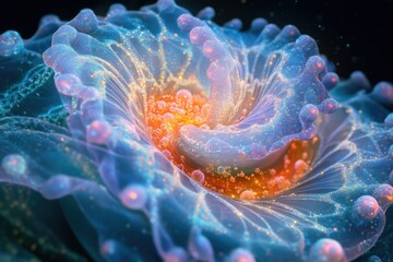 Poster - Abstract, bioluminescent, dreamlike rendering of an organic floral form with bright center and glowing details.