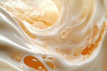 Fototapete - Swirling creams and golden liquids intertwine in a mesmerizing dance, adorned with glistening bubbles, in a creamy, luxurious texture.
