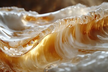 Aufkleber - A glistening wave of amber liquid crests, foaming at the edges, illuminated by a golden light showcasing its texture.