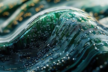 Leinwandbilder - A wave-like structure of green circuit boards under glass, symbolizing technology and innovation in an abstract futuristic form.