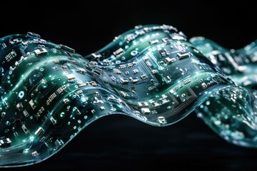 Poster - Abstract, flowing circuit board with intricate details and bright accents against a dark background, representing modern technology.