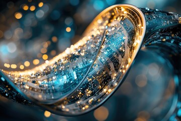Poster - Abstract rendering of a futuristic, flowing technology circuit with vibrant blue and gold lights and bokeh background.