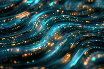 Aufkleber - Abstract depiction of digital data streams flowing in waves, accented with glowing particles, rendered in shades of blue and gold.
