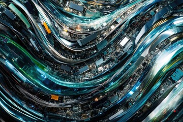 Fototapete - Abstract technological artwork showcasing intertwined circuits, flowing data streams, and complex interconnections in a visually stunning representation of the digital age.