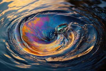Aufkleber - A mesmerizing vortex of water, swirled with oil sheen, captures the fluid dynamics and colorful iridescence in a dynamic scene.