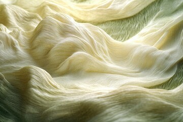 Leinwandbilder - Flowing, draped fabric in soft ivory and green hues, creates delicate curves and a smooth, textured surface with a natural, organic feel.
