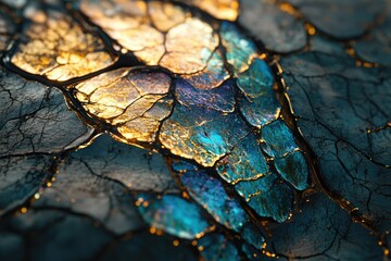 Poster - Close-up shot showcasing the cracked texture of a stone surface with blue and gold tones.