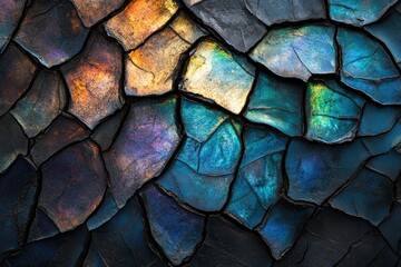 Fototapete - Iridescent, textured abstract featuring scales or stone fragments in blues, purples, oranges, and blacks, showcasing a cracked, mosaic-like pattern.