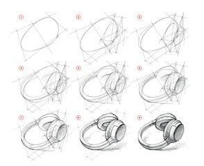 Wall Mural - pencil drawing lessons. page shows how to learn to draw from life a sketch of headphones. educationa