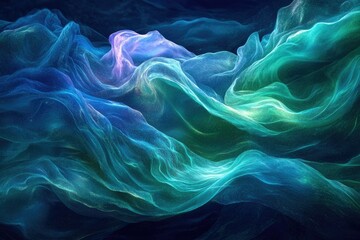 Fototapete - Abstract, ethereal landscape with flowing, translucent waves in shades of blue, green, and purple.