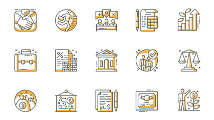 Leinwandbilder - Business icons set in outline stroke design for web. Pack line pictograms with handshake negotiation, businessman, conference meeting, discussion, accounting, briefcase, other. Vector illustration.