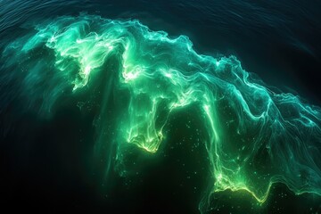 Poster - An abstract display of shimmering, emerald green aurora-like waves over a dark ocean, speckled with stars.