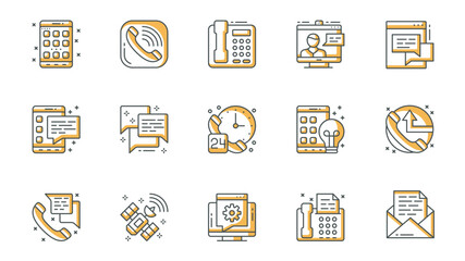 Leinwandbilder - Communication icons set in outline stroke design for web. Pack line pictograms with application, phone call, video zoom, chat, message, speech bubble, customer support, other. Vector illustration.