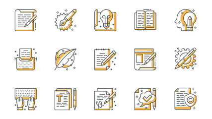Leinwandbilder - Copywriting icons set in outline stroke design for web. Pack line pictograms with article, writing, idea, inspiration, book, creativity, typewriter, intellectual property, other. Vector illustration.