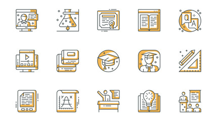 Leinwandbilder - Education icons set in outline stroke design for web. Pack line pictograms with online lesson, science, chemistry, book reading, question and answer, homework, graduation, other. Vector illustration.