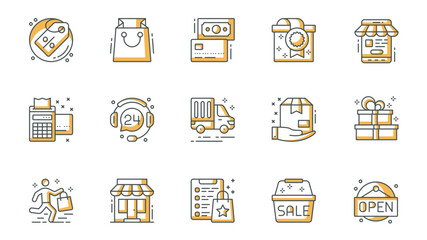 Leinwandbilder - E-commerce icons set in outline stroke design for web. Pack line pictograms with discount, price tag, shopping bag, money, credit card, gift, payment, customer support, other. Vector illustration.