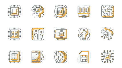 Leinwandbilder - Electronics icons set in outline stroke design for web. Pack line pictograms with circuit, microchip, brain, machine learning, mother board, computer technology, sim card, other. Vector illustration.