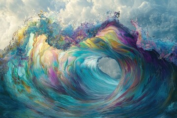 Poster - A vibrant and artistic wave, swirling with shades of teal, purple, gold, and pink, under a cloudy sky creating a stunning visual spectacle.