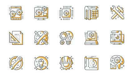 Poster - Engineering icons set in outline stroke design for web. Pack line pictograms with application settings, optimization, computer, circuit board, microchip, tools, blueprint, other. Vector illustration.