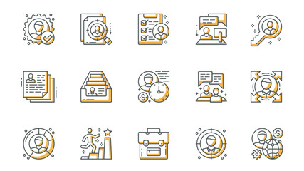 Poster - Head hunting icons set in outline stroke design for web. Pack line pictograms with hiring, search, recruitment, employee, job interview, key, resume, briefcase, teamwork, other. Vector illustration.