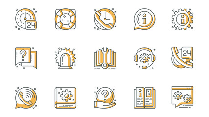 Leinwandbilder - Help and support icons set in outline stroke design for web. Pack line pictograms with clock, lifebuoy, call, info, question, headset, answer, consultation, client, contact, other. Vector illustration