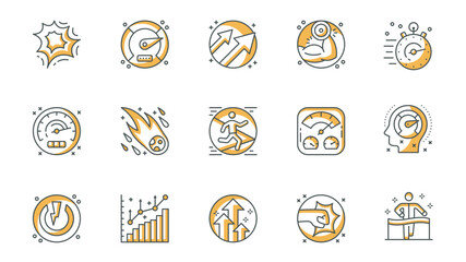 Leinwandbilder - Performance icons set in outline stroke design for web. Pack line pictograms with exploding, speedometer, increase arrow, strength, stopwatch, meteor, running, boost, push, other. Vector illustration.