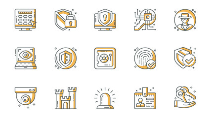 Poster - Security icons set in outline stroke design for web. Pack line pictograms with password, shield, padlock, computer firewall, key encryption, spy, eye scanner, fingerprint, other. Vector illustration.