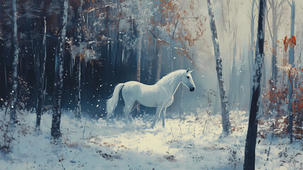 Wall Mural - Galloping white horse in snowy forest nature scene winter wonderland dynamic view. Frosted Echo. Illustration