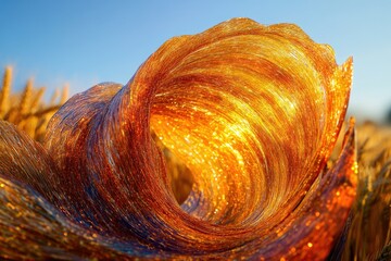 Poster - An abstract, swirling golden form catches the sunlight against a bright blue sky and wheat field, creating a warm, dynamic visual.
