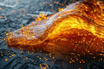 Fototapete - Molten gold flows over a circuit board, glowing with heat and showcasing technology with a fiery touch.