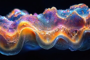 Poster - A vibrant, iridescent abstract waves cascade, adorned with bubble-like textures, glows against a stark black backdrop.