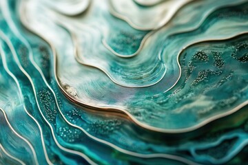 Fototapete - Abstract, layered art resembling water, waves, and topographical lines with subtle textures and cool, soothing color palette.