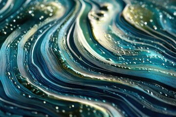 Poster - A mesmerizing abstract design featuring flowing lines of turquoise, teal, and gold, adorned with water droplets, creating a dynamic visual.