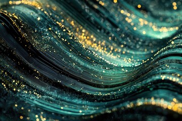 Leinwandbilder - Waves of dark teal and black flow, adorned with golden specks that shimmer like stars across a cosmic ocean.