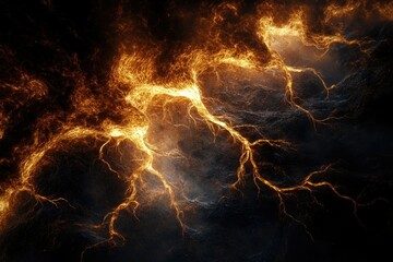 Aufkleber - A striking image of a dark, textured landscape illuminated by golden, lightning-like veins of light and energy.