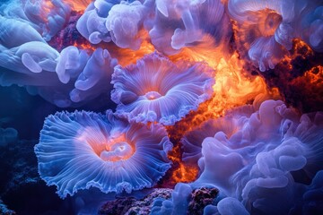 Wall Mural - Underwater scene featuring vibrant, bioluminescent anemones with an orange glow, creating a surreal and captivating natural spectacle.