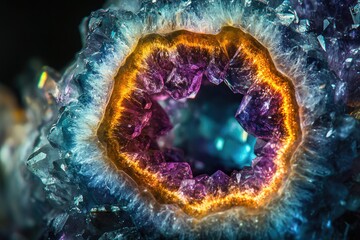 Poster - A stunning amethyst geode displays a hollow center rimmed with golden hues and surrounded by sparkling blue and purple crystals.